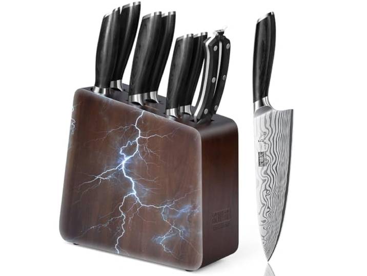 HOSHANHO 8-teiliges Messerset mit Magnetblock, Messerblockset Kochmesserset Ultrascharfer Professionelles Küchenmesserset aus Pulverstahl mit Ergonomischem Griff und Messerschärfer