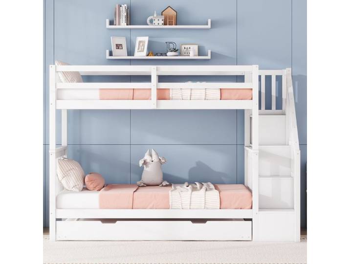 DRIPEX Lit superposé 90×200cm avec lit gigogne 90×190cm lit enfant avec étagères d'escalier de rangement Blanc
