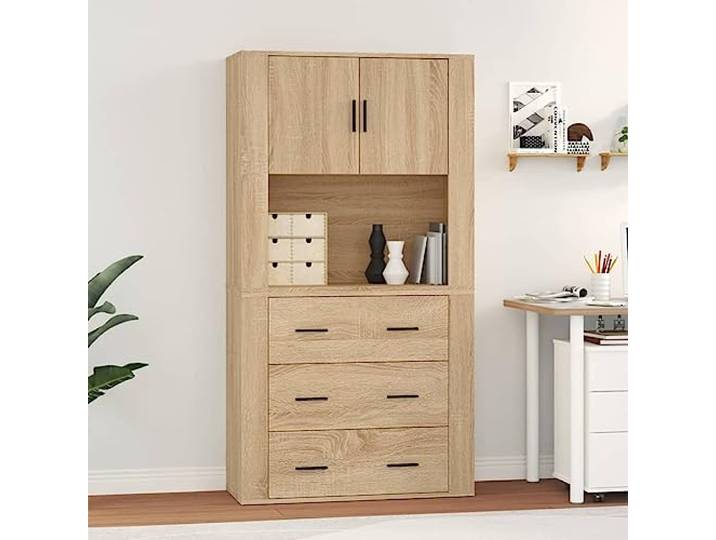 HEFZGDB Langlebiges Highboard mit glatter Oberfläche aus Holzwerkstoff in Sonoma-Eiche zur platzsparenden Wandmontage mit Wandhalterung gegen Umkippen und viel Stauraum