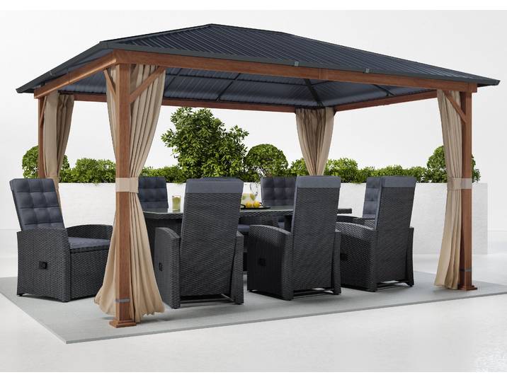 Pavillon KONIFERA Samos aus verzinktem Stahl, ohne Seitenteile , braun (anthrazit, holzoptik, grau), B/H/T: 300cm x 265cm x 400cm, Pavillons, Pavillon, BxT: 300x400 cm, schützt vor Sonne, leichtem Wind und Niederschlag