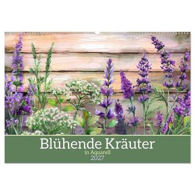 Blühende Kräuter in Aquarell (Wandkalender 2027 DIN A2 quer), CALVENDO Monatskalender