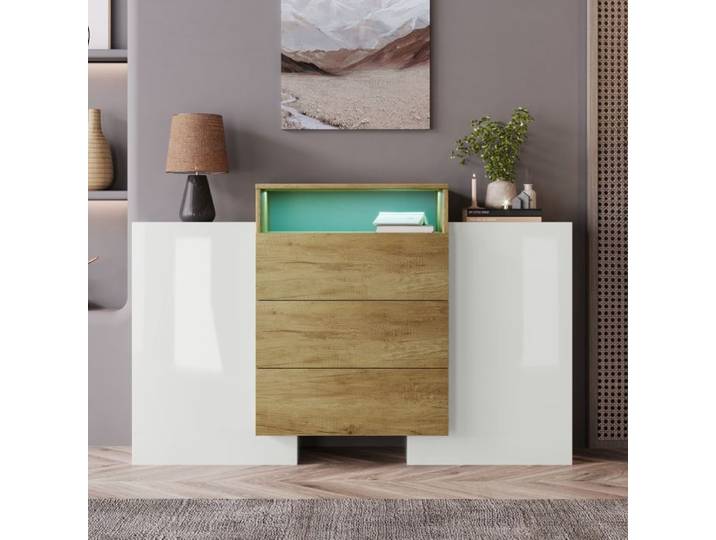 Buffet moderne blanc brillant et décor bois avec LED multicolore