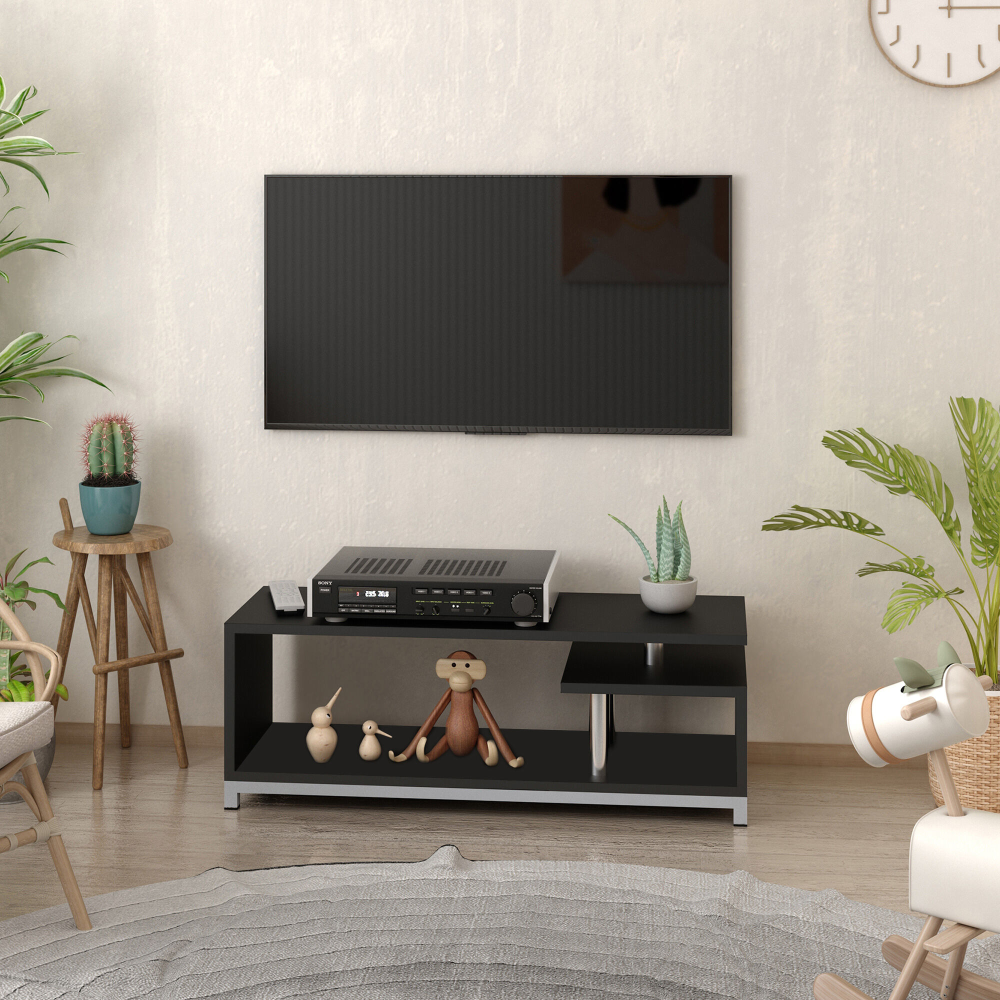 Altro Mobile Tv Moderno Con Ripiano In Legno, Mobiletto Tavolino Basso Da Salotto 114x40x40.5cm, Nero