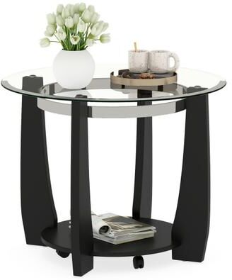 "Costway 32"" 2-Tier Glass Round Coffee Table with Storage Shelf-Black"