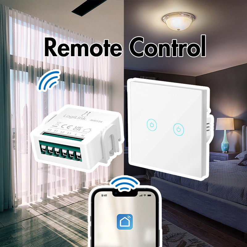 LogiLink SH0124 Wi-Fi Smart 2-kanaals schakelmodule compatibel met Tuya