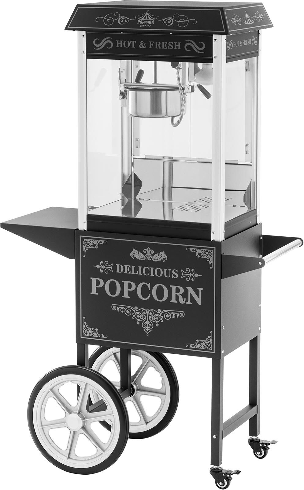 Popcornmaschine mit Wagen - 5 kg/h - 1500 W - Retro-Design - 195 / 235 °C - schwarz - Royal Catering