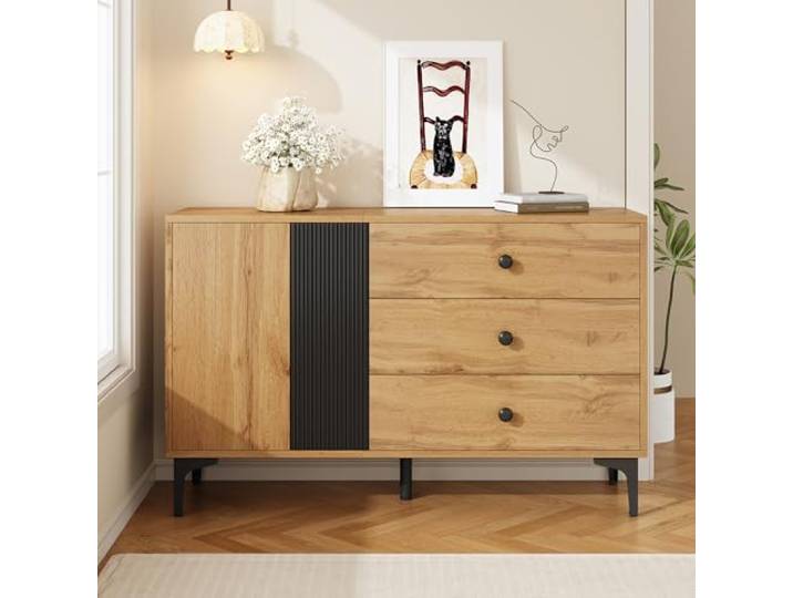 Merax Sideboard 120x35x76 cm, mit Türen und 3 Schubladen, Anrichte in Holzoptik, Stauraumschrank mit Metallfüßen, Buffet für Wohn- und Esszimmer, Natur und Schwarz