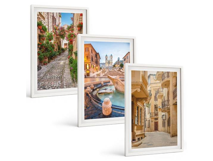 BILDER SET 3er Set - 40x60 cm Weißer Rahmen - Die bezaubernden Straßen des Brunnens