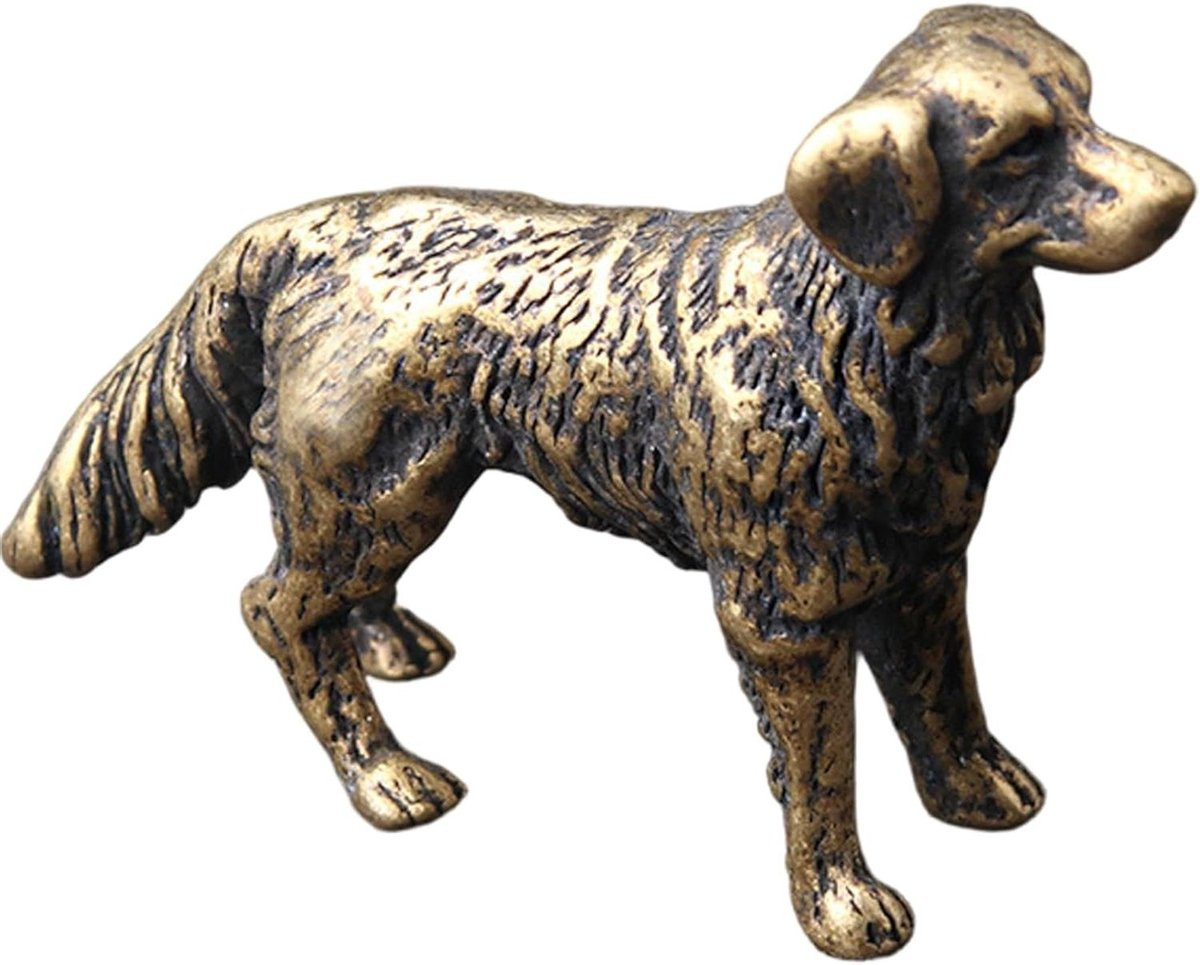 Handgemaakt Bronzen Golden Retriever Beeldje van Massief Messing - Miniatuur Decoratie - 4,7 x 3,25 cm