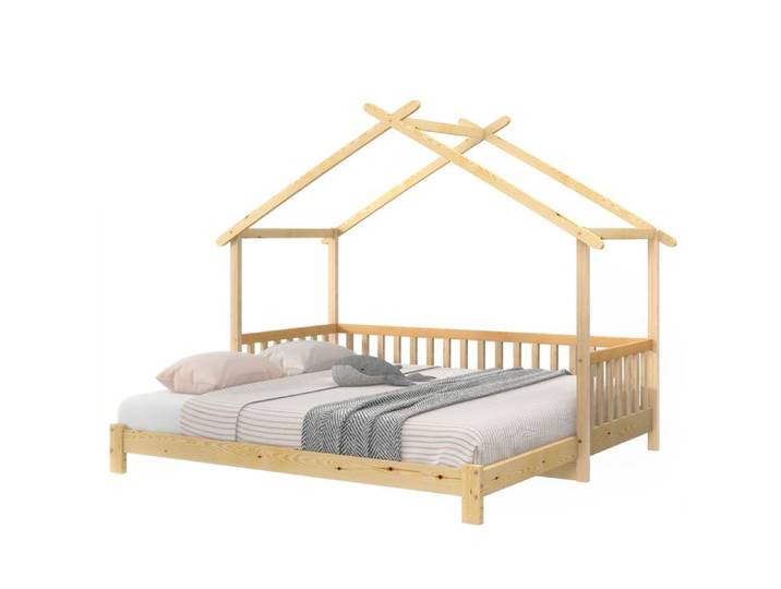 ULEVR lit maison extensible enfant 90x200/180x200 en bois de pin naturel avec barrières 3 côtés