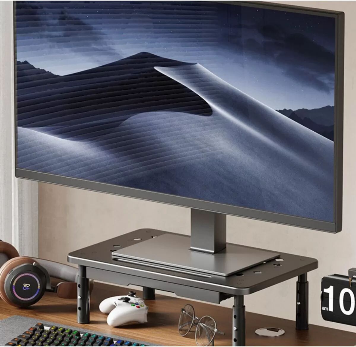 INF Verbesserter Monitorständer mit Schublade – Ergonomischer Computerständer aus Stahl Schwarz