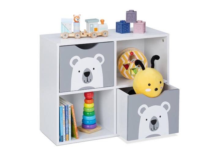 Relaxdays Kinderregal Weiß Grau Bärenmotiv MDF 2 Schubladen, 60x48x24.5 cm, Babymöbel & Kindermöbel, Babyzimmer, Babyregale & Kinderregale