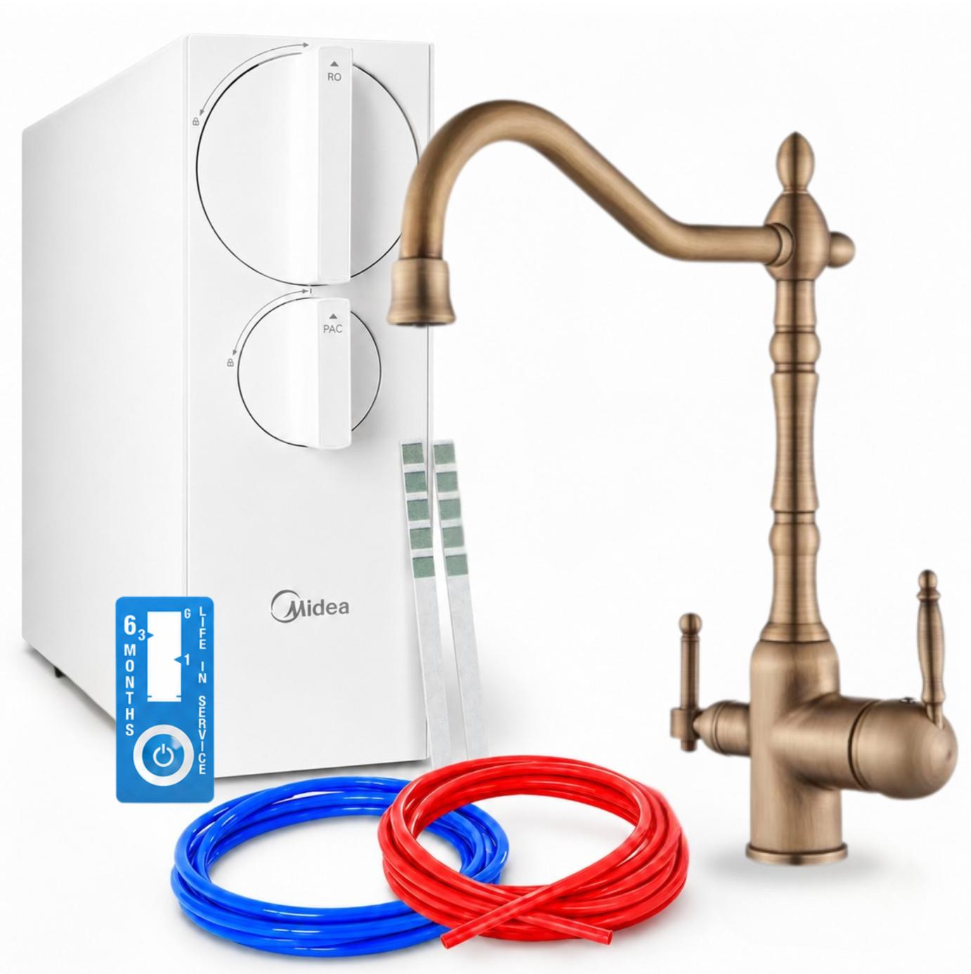 Küchenarmatur Mit Wasserfiltersystem Ari Retro 2, Zweigriffarmatur Aus Messing Mit Keramikkartusche Und Tanklosem Umkehrosmosefilter 800 Gpd