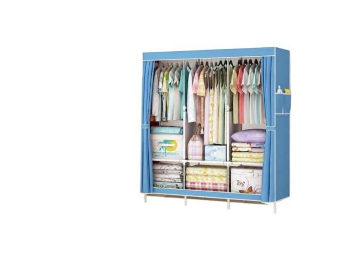 WWPMNQD Tragbarer Kleiderschrank Staubdichter Kleiderschrank aus Stoff Stabiler tragbarer Schrank aus verzinktem Stahlrohr mit 6 Ablagefächern for die Vermietung von Schlafsälen(Blue)
