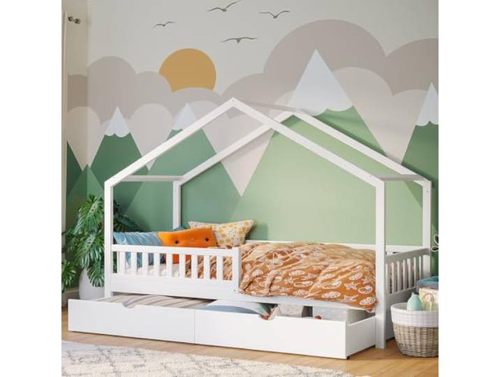 Bellabino Vils Kinderbett 90x200 cm, mit Schublade groß, Massivholz Kiefer Weiß, Kinderbett mit Rausfallschutz & Lattenrost, Montessori-Bett, massives Kieferholz, Bett für Jungen & Mädchen, Bettrahmen