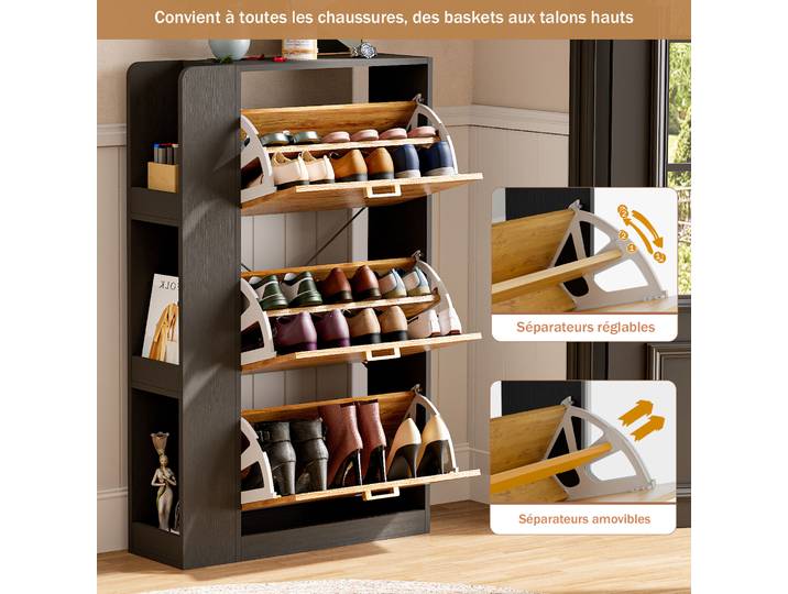 Meuble à chaussures étroit avec portes, en bois, pour rangement, organisateur de chambre, couloir, entrée, meuble multi-niveaux