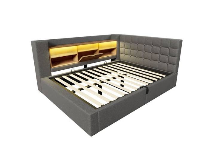 Lit rembourré 140x190 cm avec LED rangement gris