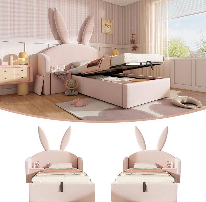 Kinderbett mit Stauraum, Nachttisch, Polsterbett 90x200 cm, rosa, Hasenohren-Optik, Samt, hydraulischem Stauraum, Eisen-Holz-Konstruktion, für Kinderzimmer, Mädchenzimmer, Gästezimmer