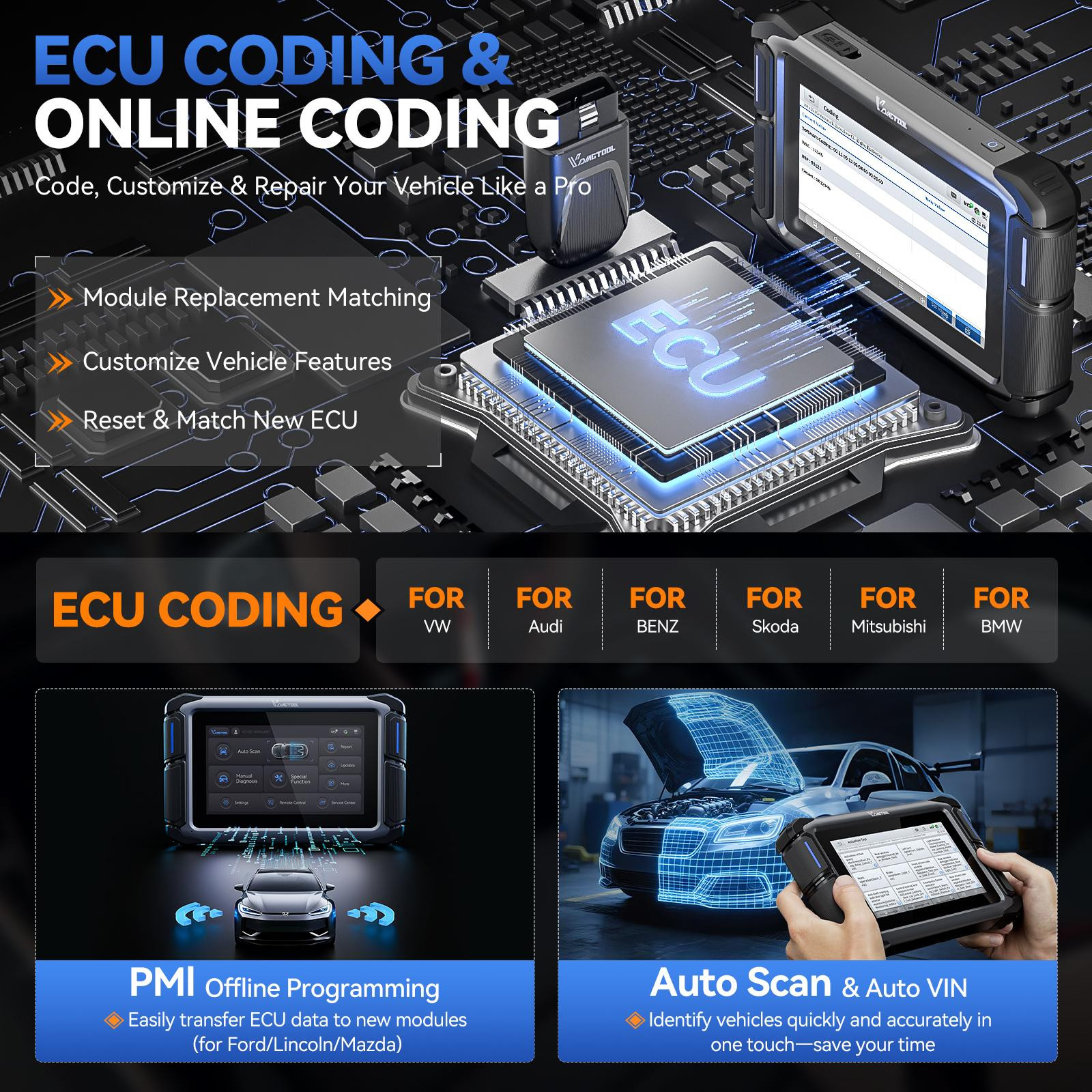 Selius OBD2 Scanner VD70S - Bidirectionele Diagnostiek met Bluetooth en Wi-Fi - 7 Inch Scherm