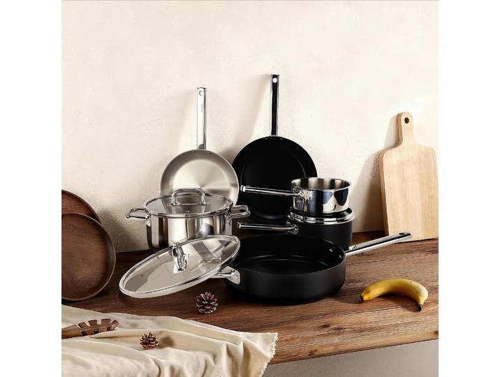 HABITAT - Batterie de cuisine 9 pièces en aluminium et inox tous feux - Noir - Epure