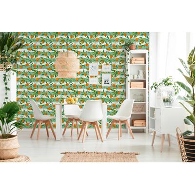 Vliestapete LIVING WALLS "LIMITED – Orangen und Blätter", bunt, B:0,53m H:0m L:10,05m, Vlies, Tapeten, Frische Orangen an grünen Zweigen im mediterranen Look
