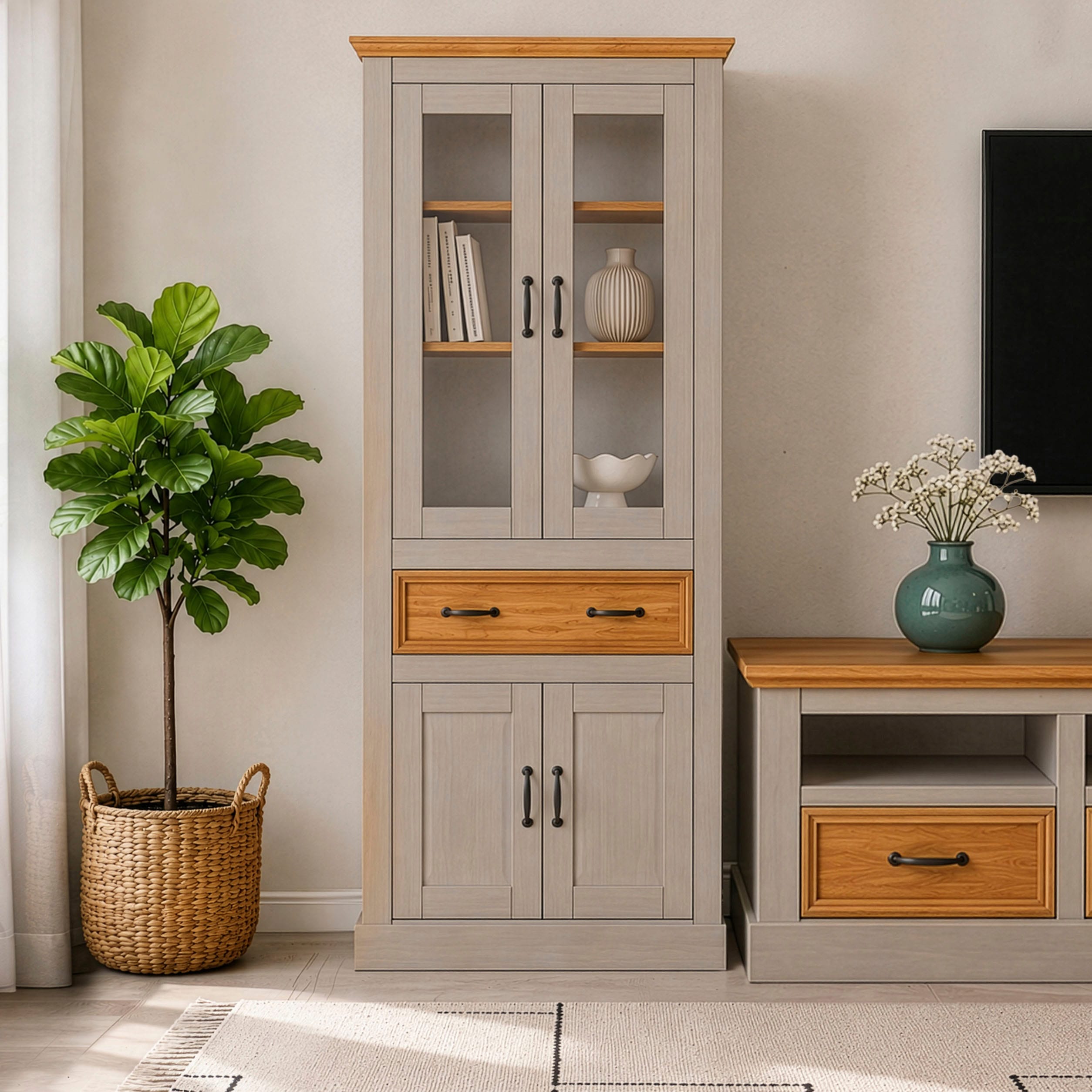 Vitrine GOODPRODUCT "Selma", grau (grau, gebeizt), Schränke, Vitrine, Höhe 180 cm (2-trg.) grau, gebeizt Einheitsgröße