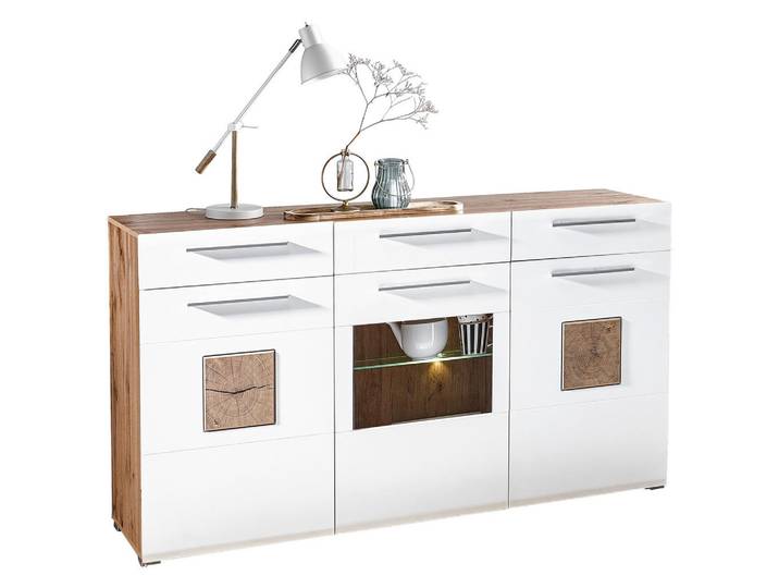 Hom`in Sideboard, Weiß, Eiche, Kunststoff, 6 Fächer, 3 Schublade(n) Schubladen, 180x98x43 cm, Typenauswahl, Beimöbel erhältlich, Wohnzimmer, Kommoden & Sideboards, Sideboards