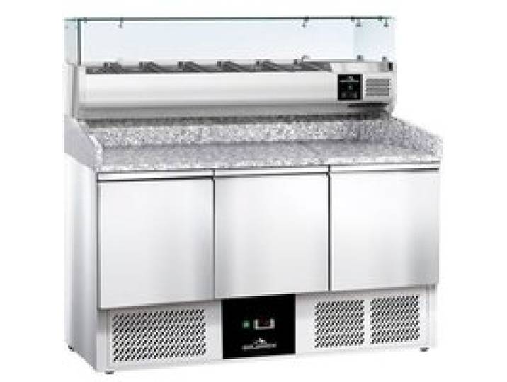Meuble à pizza réfrigéré 3 portes compact avec vitrine à ingrédients (6x GN1/4) PREMIUM - GOLDINOX