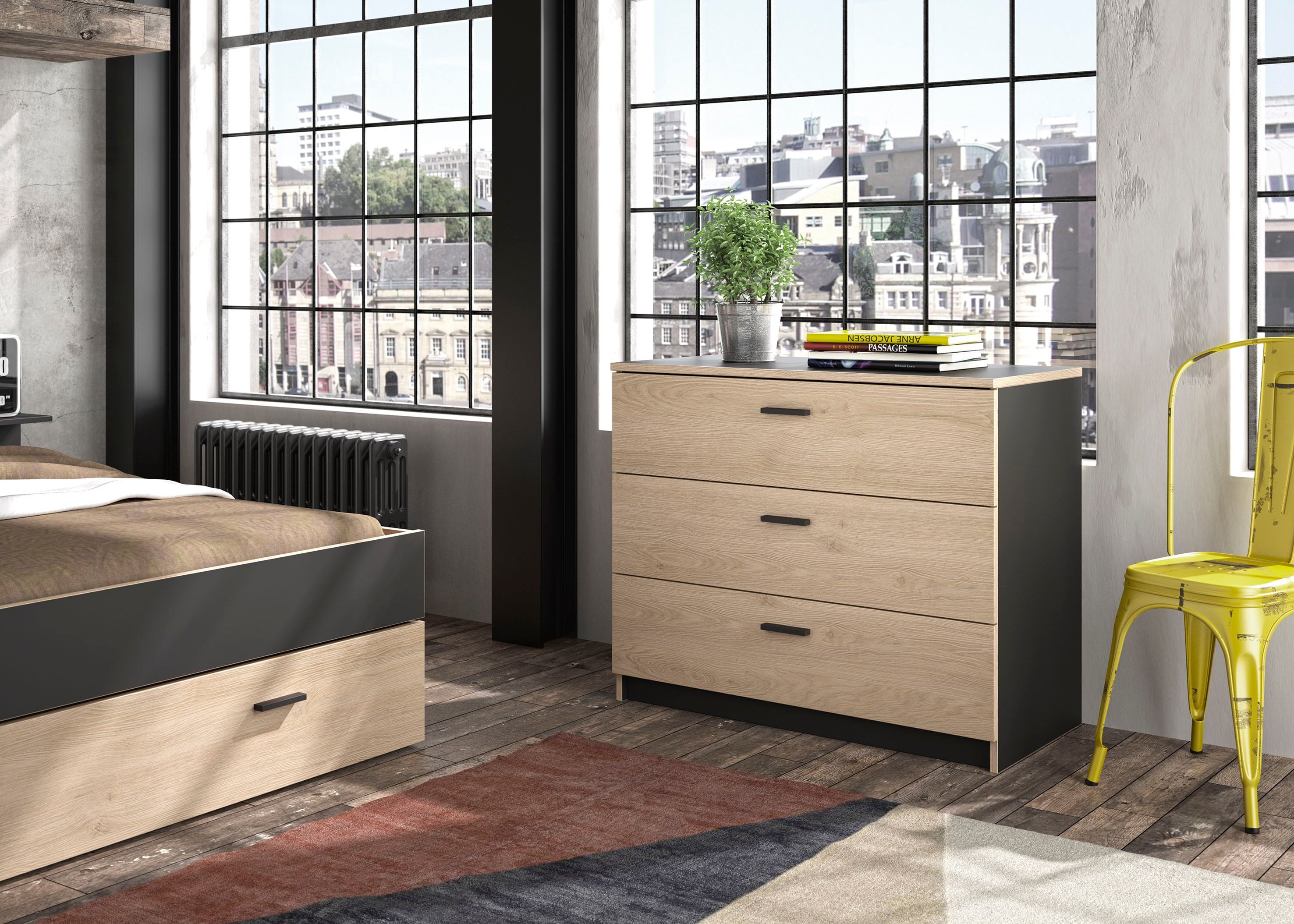 Schubkastenkommode GAMI "Tonight", schwarz (schwarz, kastanie natur), B:92cm H:76cm T:45cm, Sideboards, Schubkastenkommode schwarz, kastanie natur B/H/T: 92cm x 76cm x 45cm, 3 Stk., Kiefer