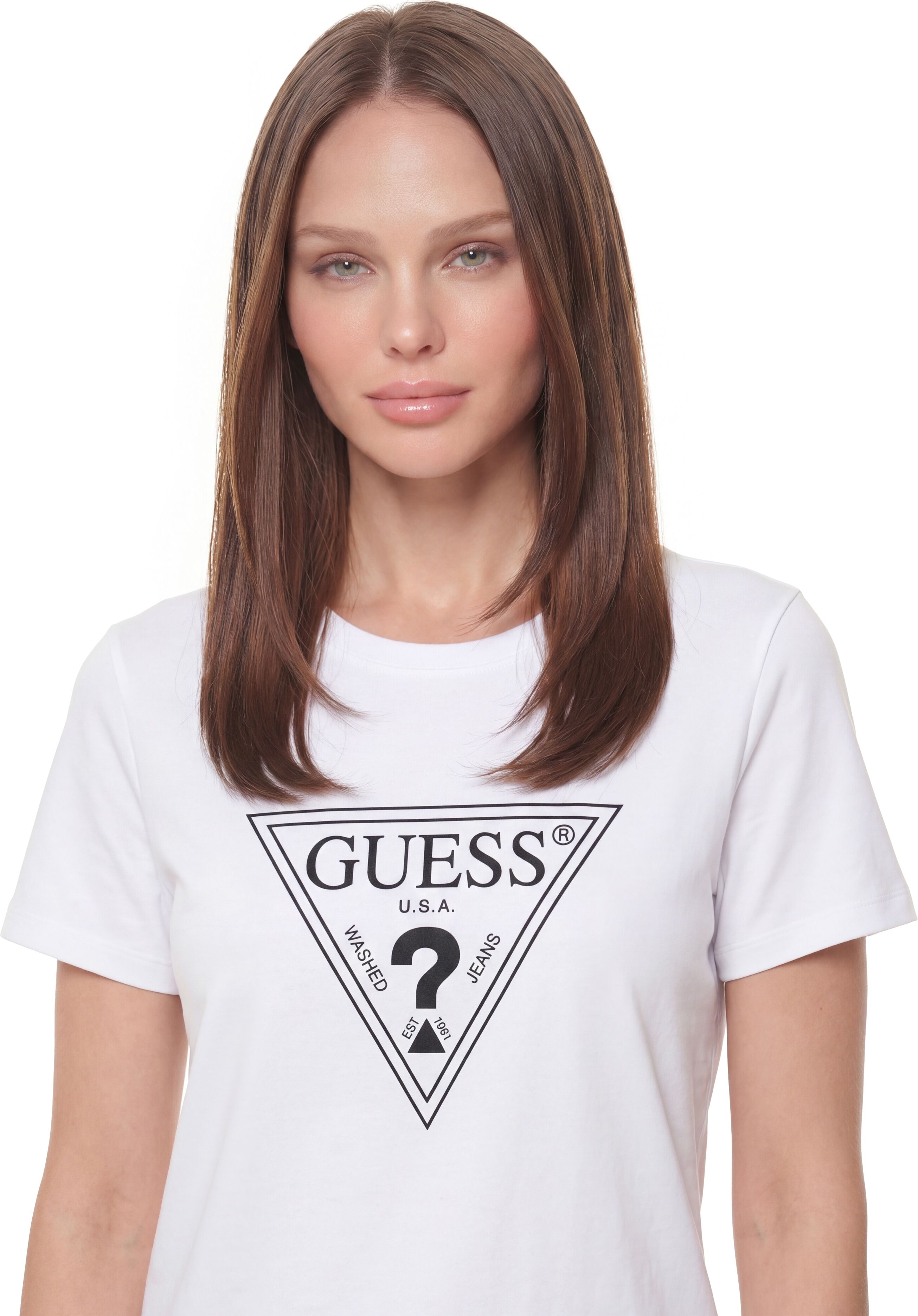 T-Shirt GUESS "CN CRYSTALS TRIANGLE TEE", Damen, Gr. S, pure weiß, Single Jersey, Obermaterial: 100% Baumwolle, bedruckt, regular fit hüftlang, Rundhals, abgesteppte Kante, Shirts T-Shirt, mit Dreiecks-Logo, Baumwoll-Jersey pure weiß S