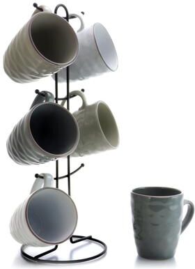 Elama Sculpted Wave Pattern 12 Ounce Assorted Colors Mug Set with Stand 6 Pieces