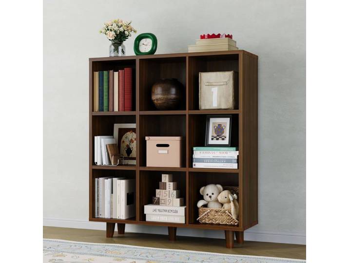 Etagère milieu siècle 9 niveaux cubes bois brun rustique pied antidérapant salon bureau
