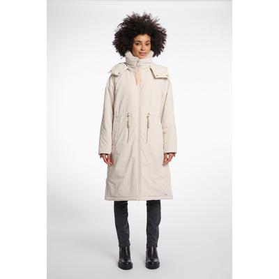 Outdoorjacke RINO & PELLE "QUINTE", Damen, Gr. 40, beige (birch), Web, Obermaterial: 100% Polyester, unifarben, ausgestellt knielang, Rundhals, Jacken Outdoorjacke, mit Kapuze und Kordelzug an der Taille