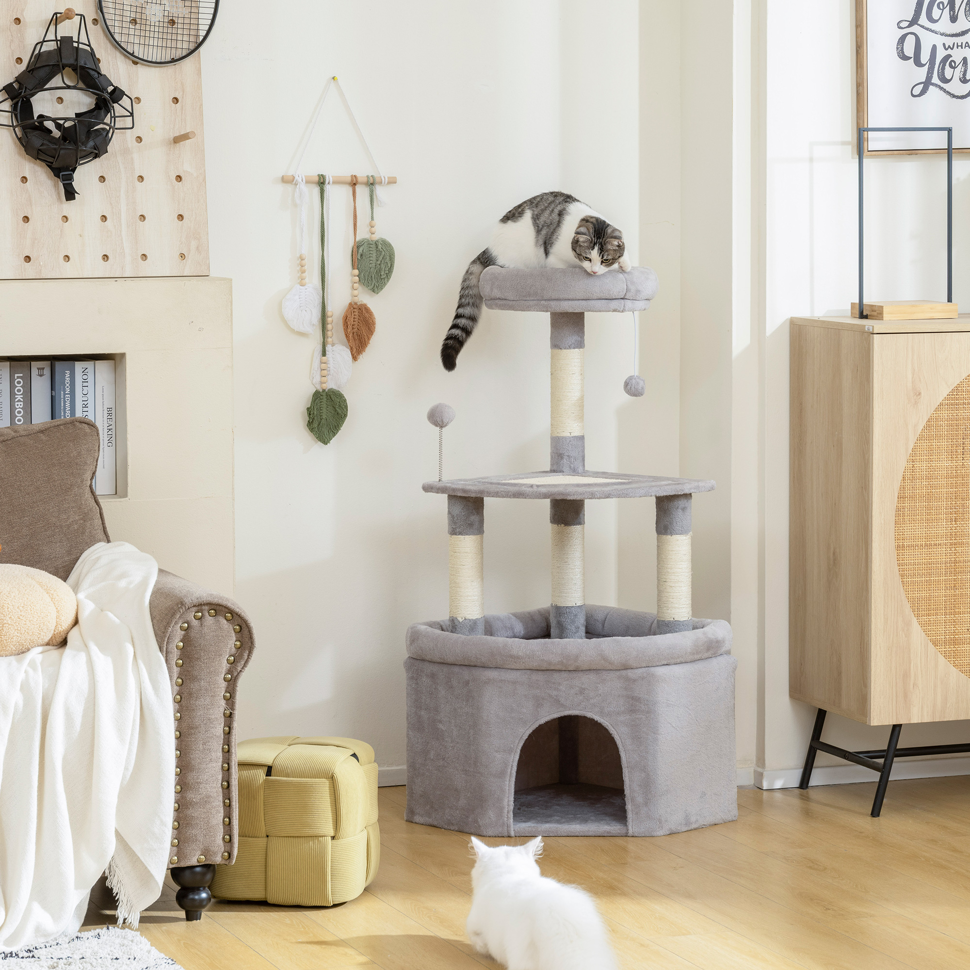 Pawhut Albero tiragraffi per gatti con palo in sisal, piattaforma e rifugio, 49x49x114cm, Grigio chiaro   Aosom Italy