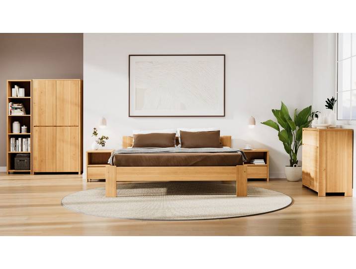 Naturwohnen Schlafzimmer Set aus Massivholz Erle Arbor Bett+Nachttische+Kommode+Kleiderschrank+Regal mit bioola® nature veredelt
