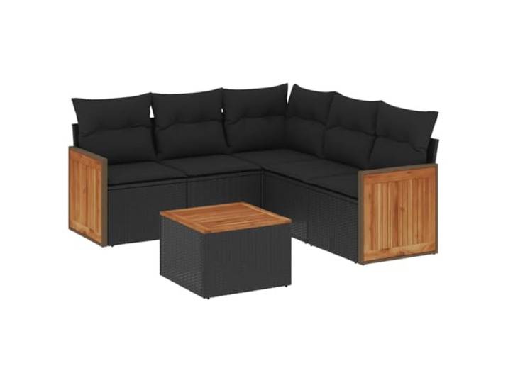 KTHLBRH Gartenmöbel-Set, 6-teilig, Polyratan, schwarz, mit Kissen Modulares Design, Beistelltisch aus Akazienholz, abnehmbare Kissen, UV-beständig, verstellbare Füße, Montage