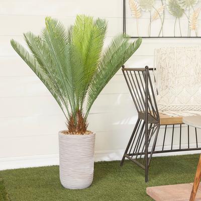 Arcilla Elemental - Green Faux Foliage Sago Palm Indoor Outdoor Artificial Plant with Realistic Leaves and Beige Ceramic Pot