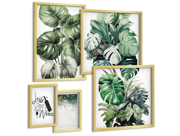 Tulup Bilder SET 5er Set - 50x50 cm & 20x30 cm & 40x60 cm Goldrahmen - Grüne Weinblätter, Goldfarben, Kunststoff, Rechteckig, 40x60 cm, einfache und schnelle Anbringung, Bilder & Rahmen, Bilder