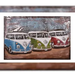 DELUKE 3D-Metallbild 3 Bullis Stahl Bunt 5x80x120cm Wandbild Wohnzimmerbild Dekobild Flur Büro