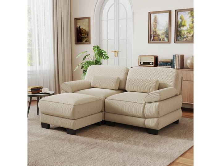 Canapé modulable en velours côtelé beige avec repose-pieds