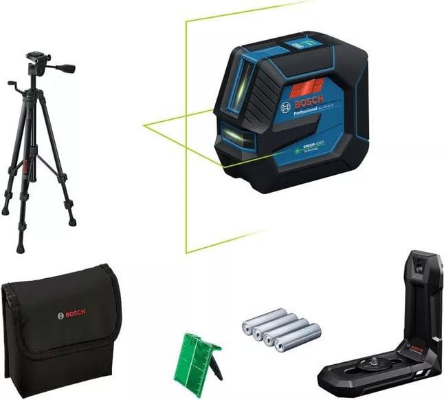 Bosch Professional GLL 20-22 G Kruislijnlaser met groene lijnen, bereik 20 meter, inclusief BT 150 statief en tas