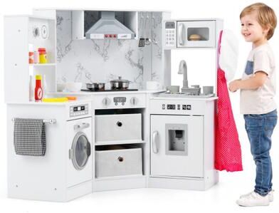Costway Wooden Kids Play Kitchen Playset with Realistic Lights and Sounds-White