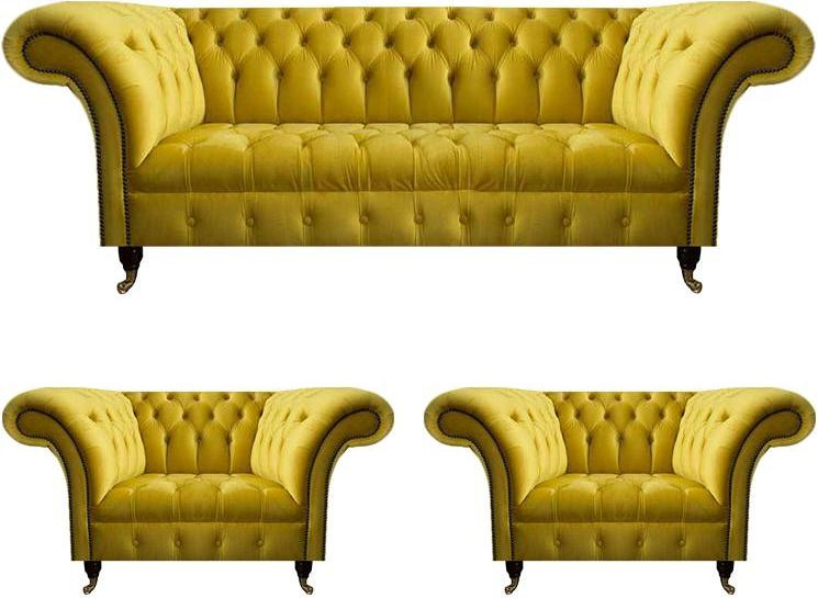 Chesterfield Polstergarnitur 3-delige Textiel Set in Geel