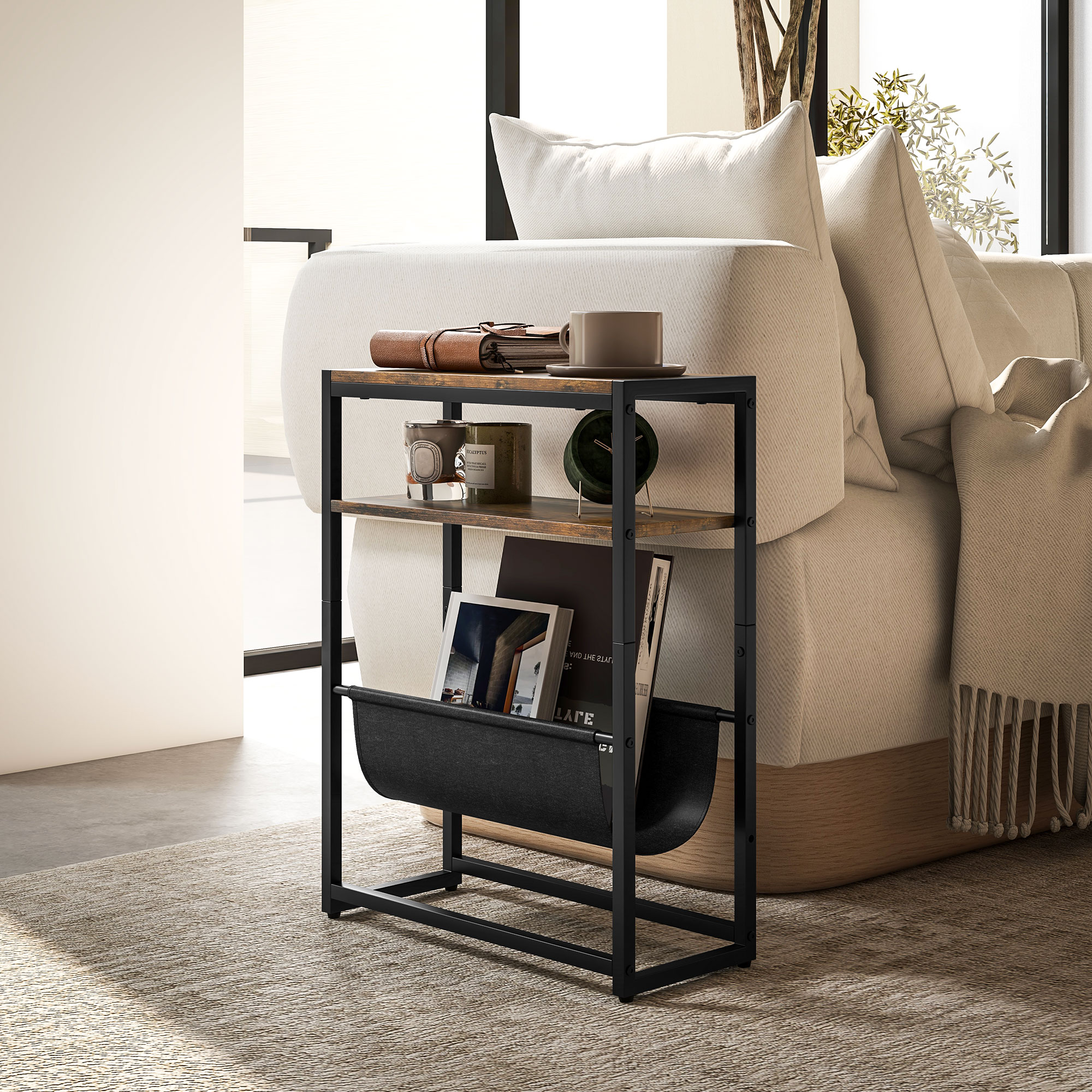 Homcom Tavolino Stretto, Tavolino Industriale con 3 Ripiani, Porta Riviste a Forma di V, Comodino per Soggiorno, Piccoli Spazi, Marrone Rustico   Aosom Italy