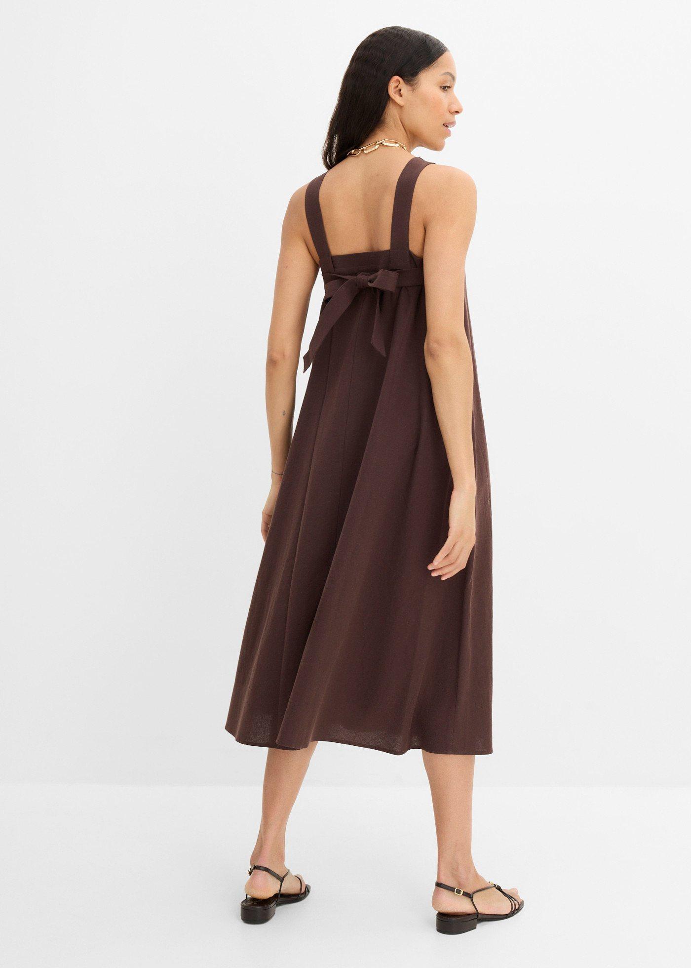 bonprix Midikleid mit Bindedetail hinten, braun, Gr.36, Midikleid mit Bindedetail am Rücken und eckigem Ausschnitt, aus Leinen,Viskose