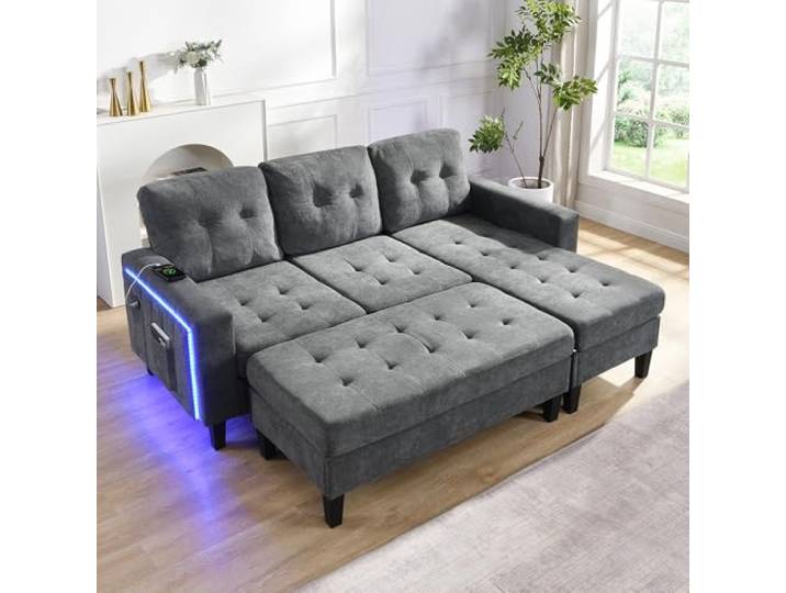 Merax modularer L-Form Sofa-Set, mit extra großer beweglicher Fußbank, LED-Ambiente-Beleuchtung und USB, 3-Sitzer-L-Form-Sofa mit Ottomane, Chenille-Bezug, wandelbar zum Sofabett, Grau
