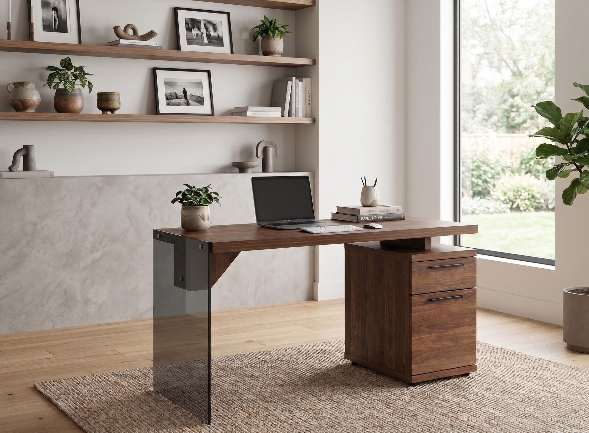 Schreibtisch JAHNKE "LUX C 140", braun (walnuss, grauglas, walnuss, grauglas, walnuss), B:141,8cm H:74cm T:55cm, Tische, Schreibtisch, wechselseitig montierbar,Seitenteil aus ESG Sicherheitsglas,B:141,8 cm walnuss, grauglas, walnuss, grauglas, walnuss B/H