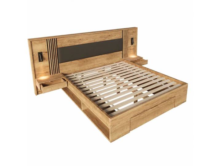Lit king size effet bois avec rangement, lampes 180x200 cm