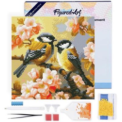 FiguredArt DP-SFA183-Y - Mini Diamond Painting, Vogelpaar zwischen Blüten, Leinwand-Keilrahmen (25x25cm), DIY Bastelset