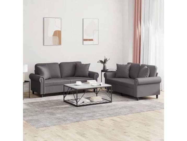 HEFZGDB 2-TLG. Sofagarnitur Grau Kunstleder mit Kissen – Langlebiges Polstermöbel für Wohnzimmer, Robuste Sitzgruppe mit Bequemer Polsterung, Schmutzabweisende Couchgarnitur,
